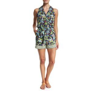 Tory Burch Wisteria Blue & Green Floral Print Wrap Sleeveless Romper, Size S